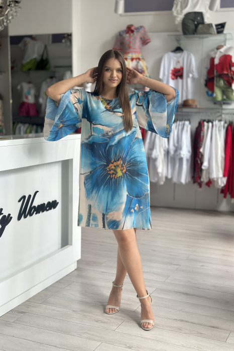 Rochie scurta cu imprimeu floral albastru pe fond bej [2]