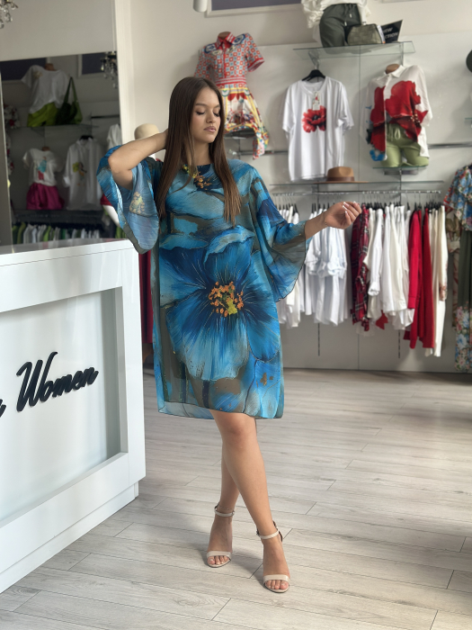 Rochie scurta cu imprimeu floral albastru pe fond kaki
