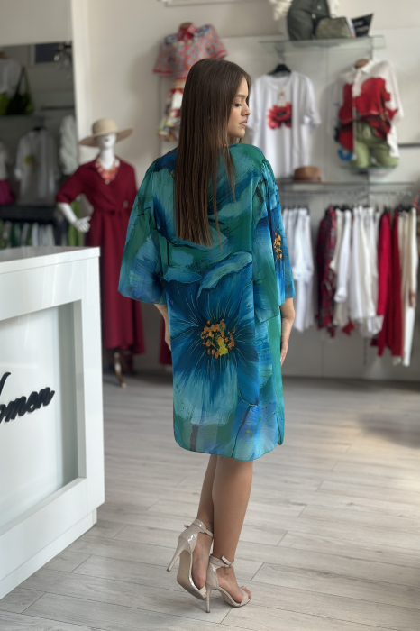 Rochie scurta cu imprimeu floral albastru pe fond verde [4]