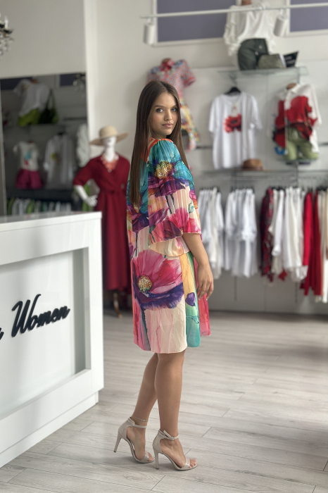 Rochie scurta cu imprimeu floral multicolor pe fond bej [4]