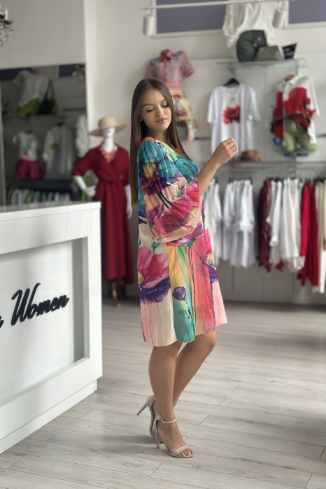 Rochie scurta cu imprimeu floral multicolor pe fond bej [3]