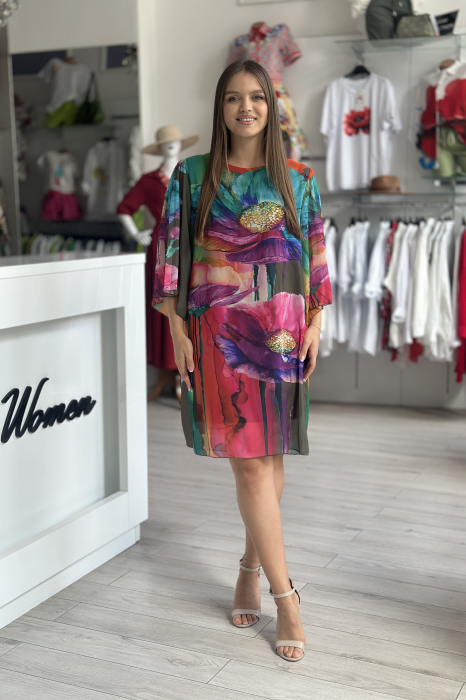 Rochie scurta cu imprimeu floral multicolor pe fond kaki