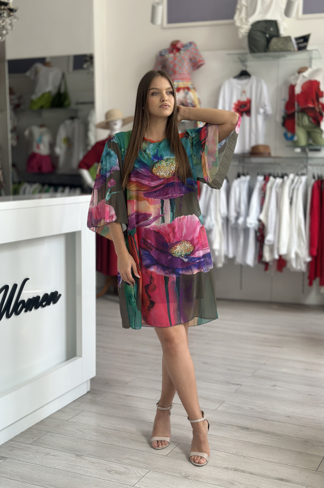 Rochie scurta cu imprimeu floral multicolor pe fond kaki [2]