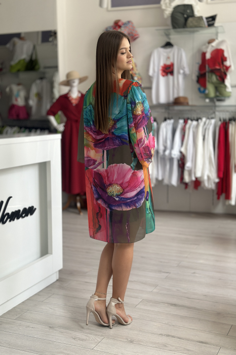 Rochie scurta cu imprimeu floral multicolor pe fond kaki [4]