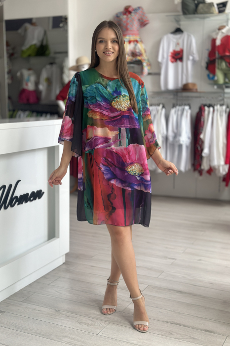 Rochie scurta cu imprimeu floral multicolor pe fond negru