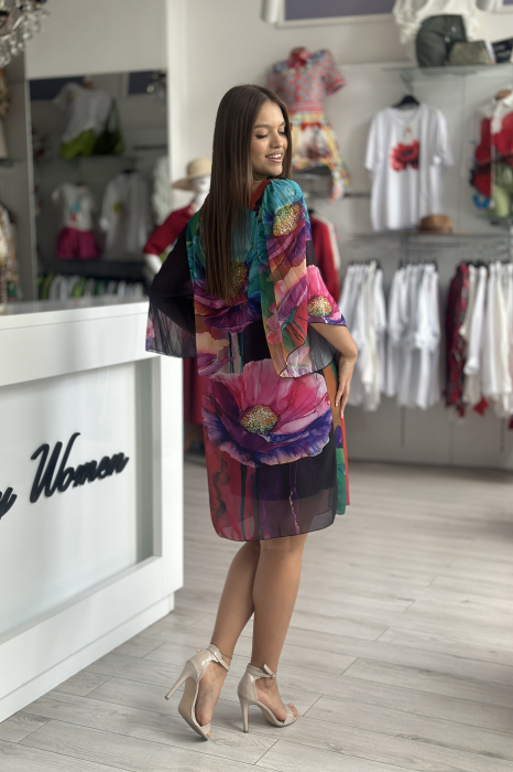Rochie scurta cu imprimeu floral multicolor pe fond negru [4]