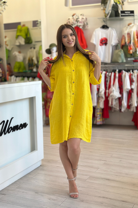Rochie scurta galbena tip camasa din in [2]