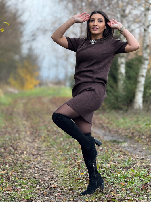 Rochie scurta maro cu aplicatie cu pietricele la gat [2]