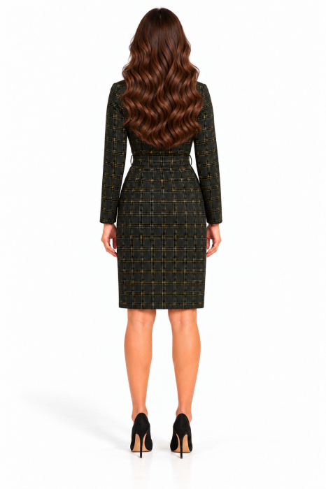 Rochie scurta neagra cu carouri galbene si cordon in talie [4]