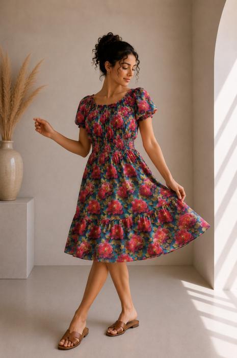 Rochie scurta turcoaz cu imprimeu flori fuxia [3]