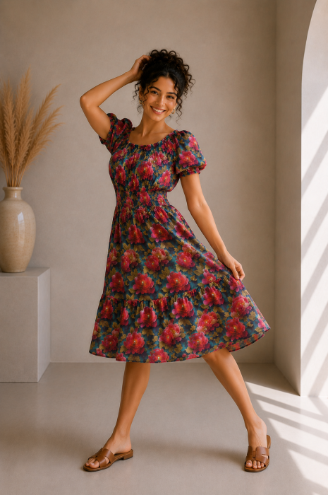 Rochie scurta turcoaz cu imprimeu flori fuxia [4]
