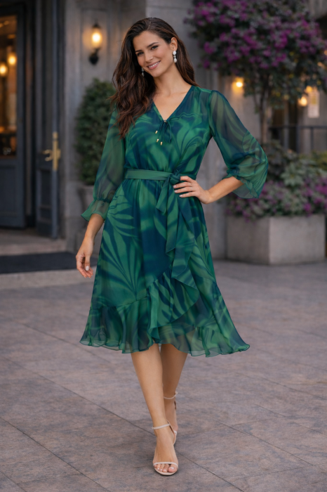 Rochie scurta verde din voal cu anchior si cordon in talie [2]