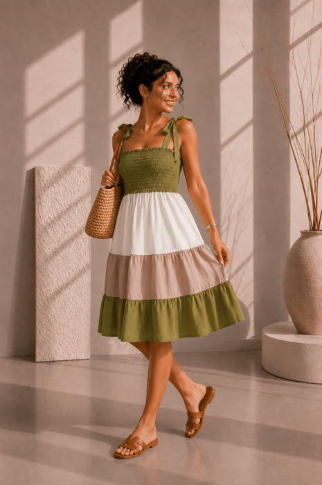 Rochie scurta verde fistic cu dungi alb si bej [4]