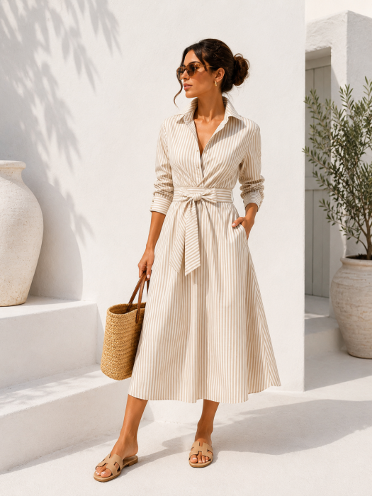 Rochie tip camasa cu dungi bej [2]