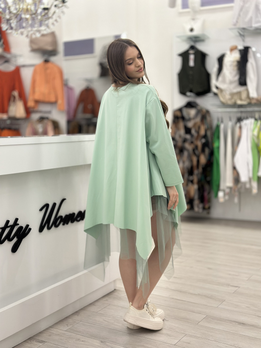 Rochie tunica turcoaz din bumbac cu tulle si flori albe [3]