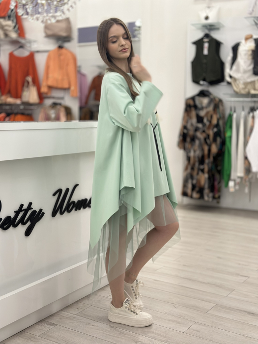 Rochie tunica turcoaz din bumbac cu tulle si flori albe [2]