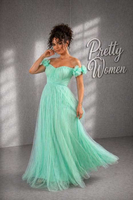 Rochie turcoaz lungă din tulle cu flori la umeri [3]