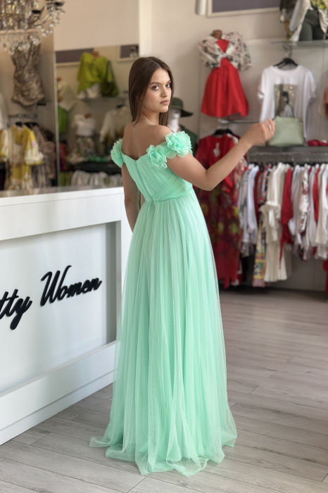 Rochie turcoaz lungă din tulle cu flori la umeri [4]