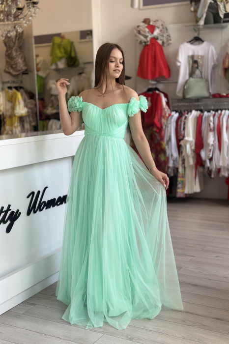 Rochie turcoaz lungă din tulle cu flori la umeri [2]