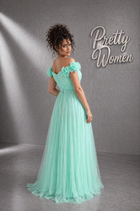 Rochie turcoaz lungă din tulle cu flori la umeri [2]