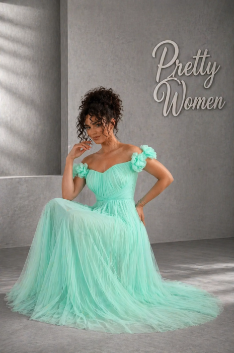 Rochie turcoaz lungă din tulle cu flori la umeri [4]