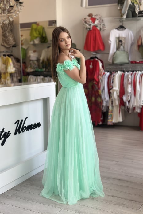 Rochie turcoaz lungă din tulle cu flori la umeri [3]