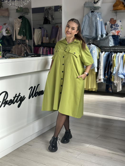 Rochie verde fistic cu buzunare si nasturi [5]