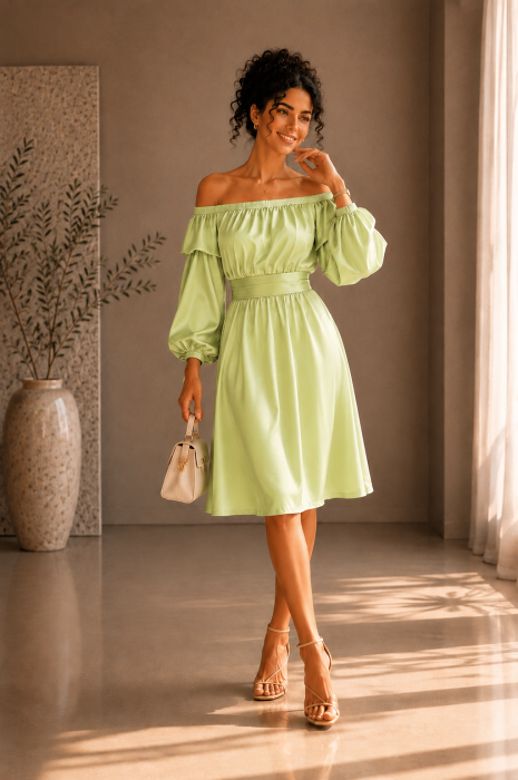 Rochie verde menta din satin cu maneci bufante [3]