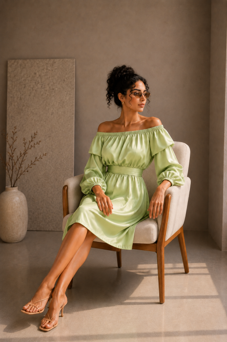 Rochie verde menta din satin cu maneci bufante [2]