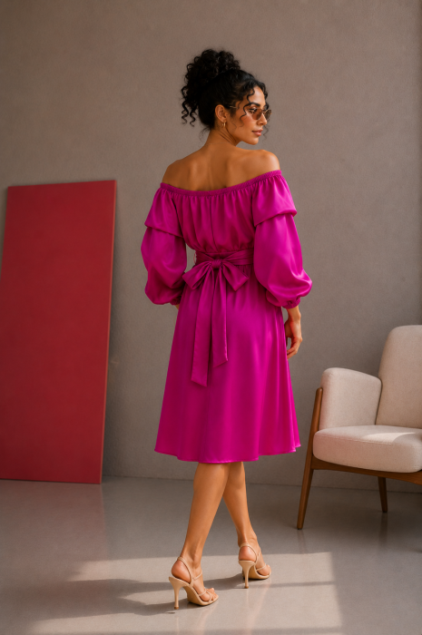 Rochita roz fuchsia din satin cu maneci bufante [2]