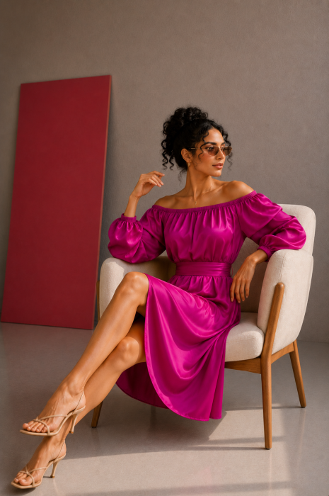 Rochita roz fuchsia din satin cu maneci bufante [3]