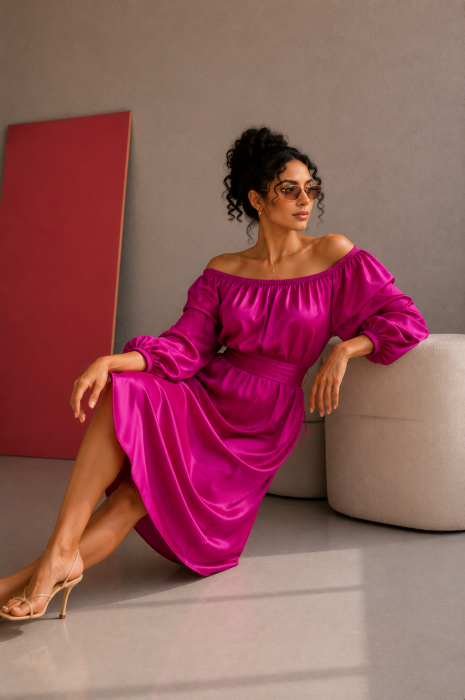 Rochita roz fuchsia din satin cu maneci bufante [4]