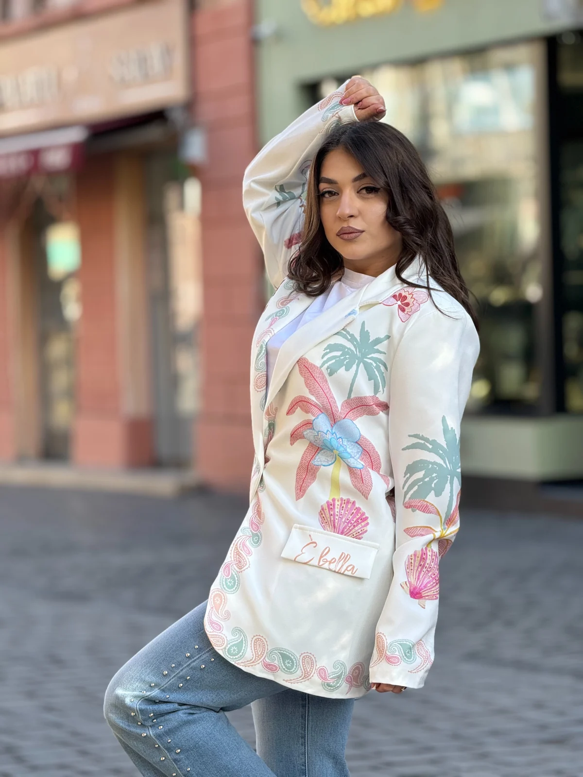 Sacou dama alb ivory cu imprimeu palmieri roz pastel [3]