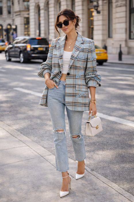 Sacou dama albastru cu carouri fine