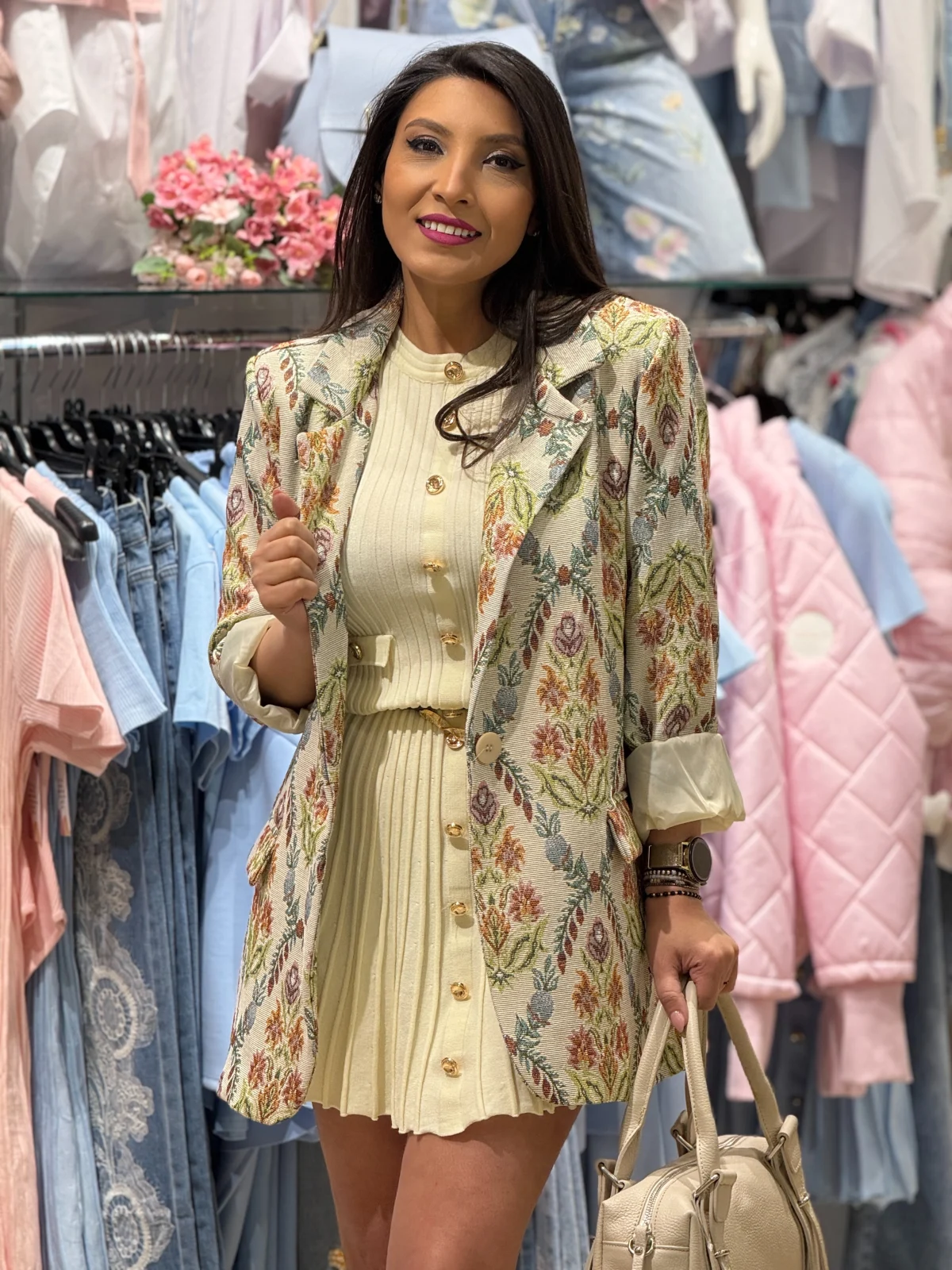 Sacou dama din brocard cu detalii florale brodate [4]