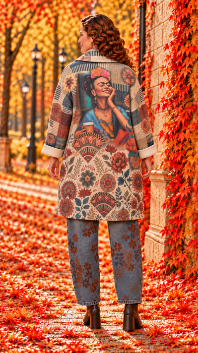 Trench dama bej cu rever si imprimeu Frida Kahlo [4]