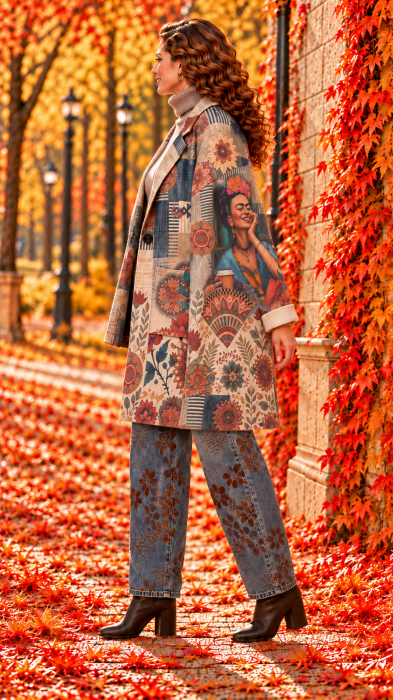 Trench dama bej cu rever si imprimeu Frida Kahlo [3]
