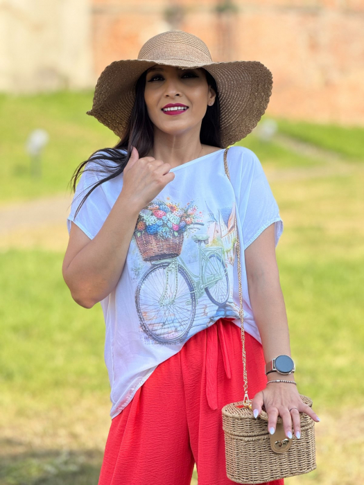 Tricou alb cu imprimeu bicicleta cu cosulet flori [2]