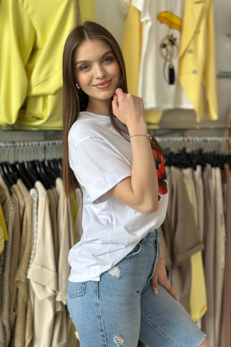 Tricou alb din bumbac cu imprimeu floare de mac [2]