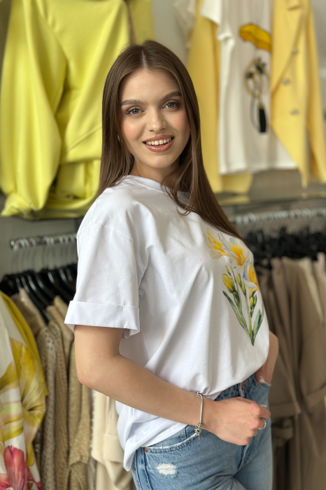 Tricou alb din bumbac cu imprimeu frezii galbene [2]