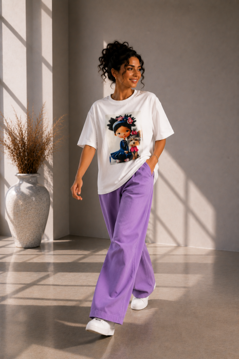 Tricou dama alb cu catel cu fundita roz [3]