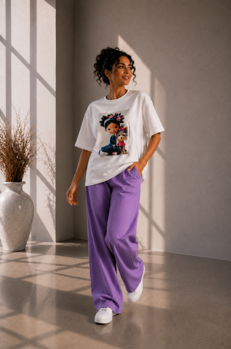 Tricou dama alb cu catel cu fundita roz [4]