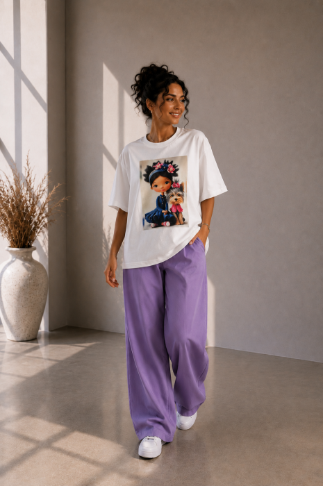 Tricou dama alb cu catel cu fundita roz [2]