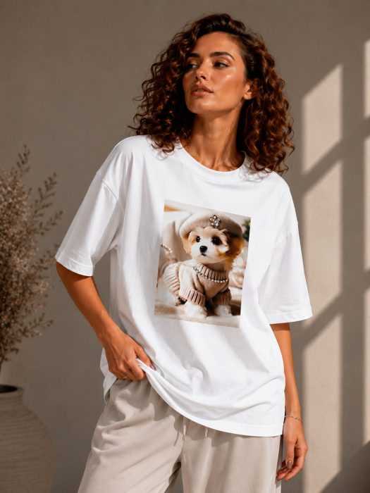 Tricou dama alb cu imprimeu catel cu basca bej [2]