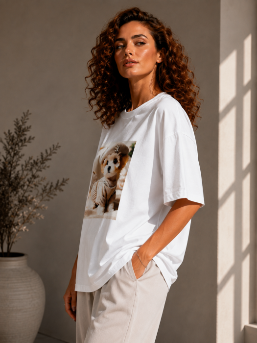 Tricou dama alb cu imprimeu catel cu basca bej [3]