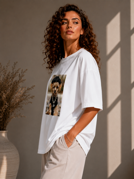 Tricou dama alb cu imprimeu catel cu basca neagra [3]