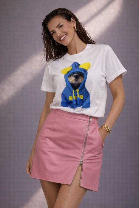 Tricou dama alb cu imprimeu catel cu hanorac albastru [2]