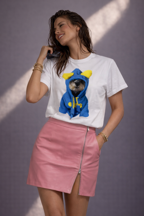 Tricou dama alb cu imprimeu catel cu hanorac albastru [4]