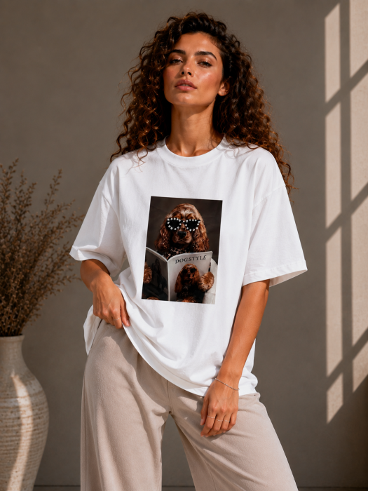 Tricou dama alb cu imprimeu catel cu ochelari de soare [2]