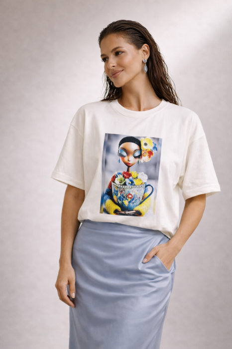 Tricou dama alb cu imprimeu fata ceasca cu flori [6]